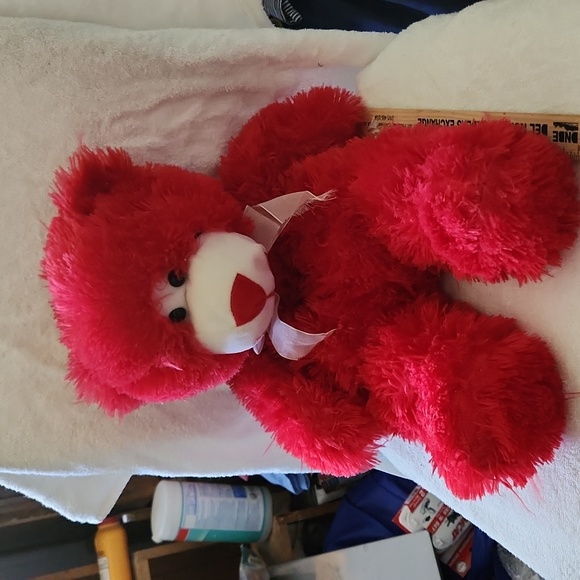 A Mart Corp Fuzzy Soft Red Bear with Bow 18" Plush Stuffed Animal - Picture 1 of 3